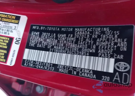 2016 Toyota Corolla Le from USA, damaged, VIN 2T1BURHEXGC531854